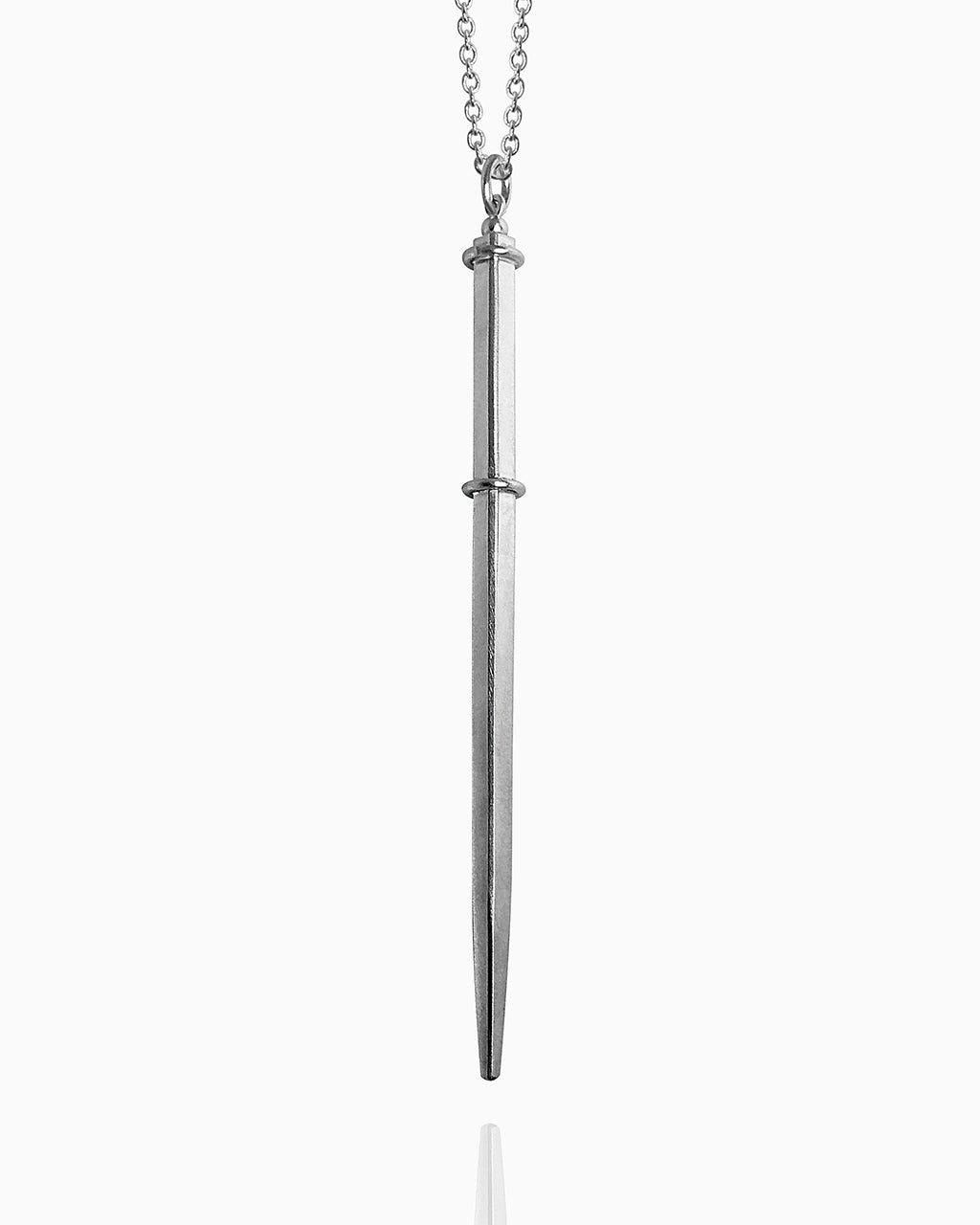 A square wand pendant made of sterling silver hanging from a chain against a white background. A silver ring around the top and another silver ring one-third of the way down the wand define the handle on this polished necklace.